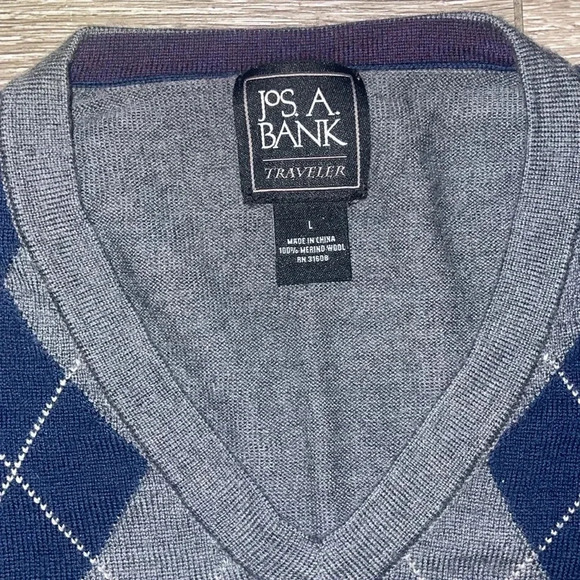 Jos A Bank Sweater Mens Large Gray navy Wool Argyle V-Neck Preppy Academia Knit - Picture 2 of 8